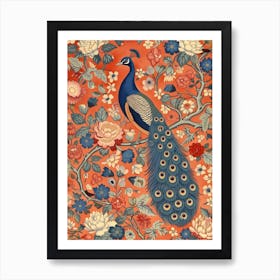 Orange Floral Peacock Wallpaper Inspired Art Print