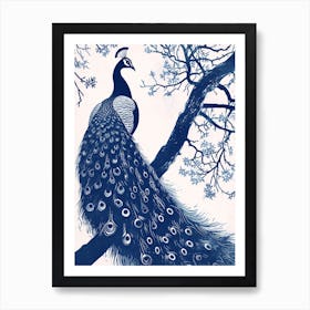 Navy & Cream Peacock On A Tree 4 Art Print