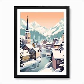 Vintage Winter Travel Illustration Hallstatt Austria 3 Art Print