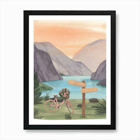 Pink Bicycle By The Lake Art Print