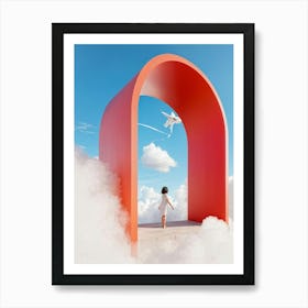 Cumulus Clouds Morph Into An Abstract Cartoon Style Portal Where A Solitary Figure Levitates Their (4) Art Print