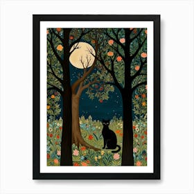 Cat In The Moonlight Style William Morris 1 Art Print