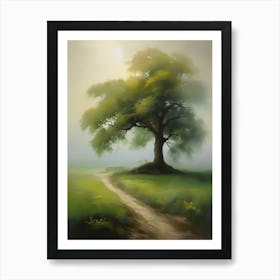 Oak tree, fine work of art, misty atmosphere, green meadow..10 Art Print