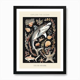 Tiger Shark Seascape Black Background Illustration 1 Poster Art Print