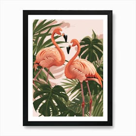 Lesser Flamingo And Monstera Deliciosa Boho Print 3 Art Print