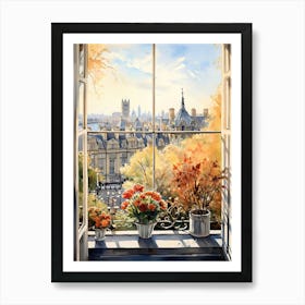 Window View Of London United Kingdom In Autumn Fall, Watercolour 1 Art Print