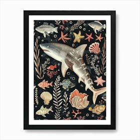 Port Jackson Shark Seascape Black Background Illustration 3 Art Print