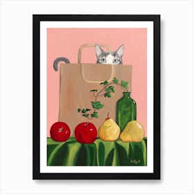 Cat In Paperbag With Apples And Pears Art Print