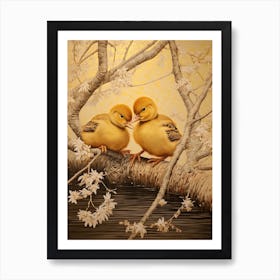 Ducklings Resting On A Tree Branch Japanese Woodblock Style 3 Art Print