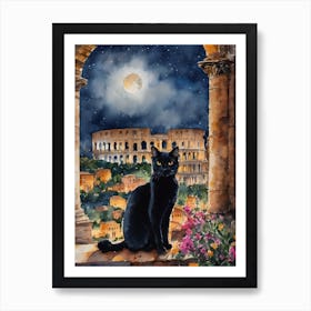 Black Cat at The Colosseum Rome - Iconic Italy Cityscapes Italian Ancient Buildings Traditional Watercolor Art Print Kitty Travels Home and Room Wall Art Cool Decor Klimt and Matisse Inspired Modern Awesome Cool Unique Pagan Witchy Witches Familiar Gift For Cat Lady Animal Lovers World Travelling Genuine Works by British Watercolour Artist Lyra O'Brien Art Print