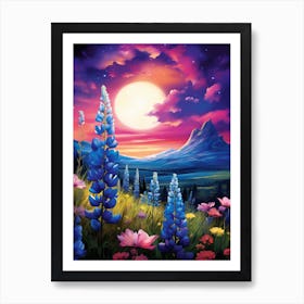 Blue Bonnet Wild Flower With Nothern Lights (3) Art Print