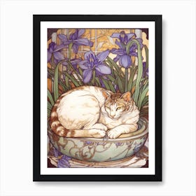 Iris With A Cat 3 Art Nouveau Style Art Print