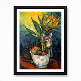 Still Life Of Proteas With A Cat 2 Art Print