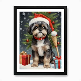 Christmas Shih Tzu Dog Wear Santa Hat (26) Art Print