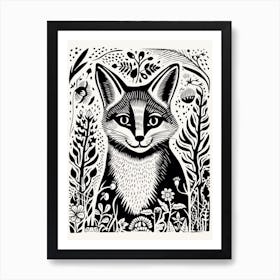 Fox In The Forest Linocut White Illustration 1 Art Print