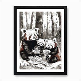 Red Panda Family Picnicking In The Woods Ink Illustration 4 Art Print