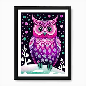 Pink Owl Snowy Landscape Painting (62) Art Print