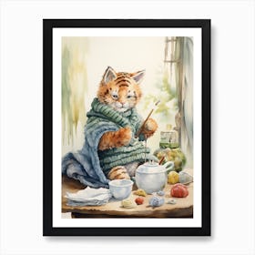 Tiger Illustration Knitting Watercolour 1 Art Print