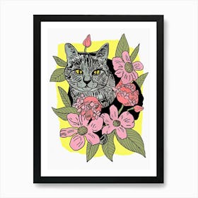 Cute Bengal Cat With Flowers Illustration 3 Art Print