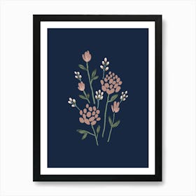 Peony Flowers Floral Illustration - Pink Green Dark Blue Navy Art Print