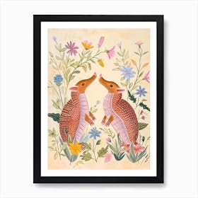 Folksy Floral Animal Drawing Armadillo Art Print