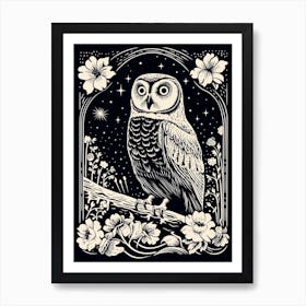 B&W Bird Linocut Snowy Owl 3 Art Print