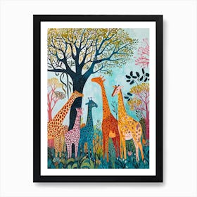 Cute Giraffe Herd Under The Trees Illustration 1 Art Print