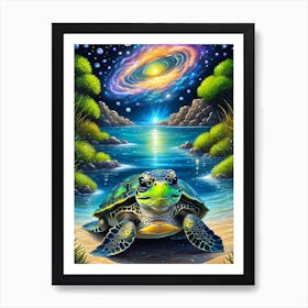 Turtle In Space Beach Art Print