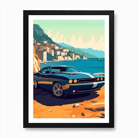 A Dodge Challenger In Amalfi Coast, Italy, Car Illustration 2 Art Print