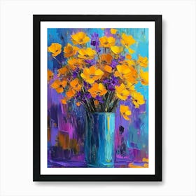 A Close Up Oil Painting Depicting A Bouquet Of Yellow And Purple Flowers Arranged In A Tall Blue Vase Art Print