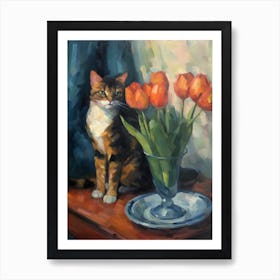 Flower Vase Tulips With A Cat 3 Impressionism, Cezanne Style Art Print