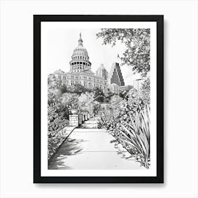 The Texas State Capitol Austin Texas Black And White Drawing 2 Art Print