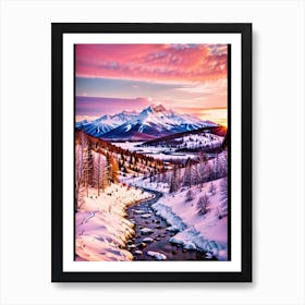 Snowy Mountains At Sunset Art Print