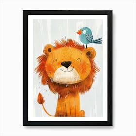 Small Joyful Lion With A Bird On Its Head 22 Art Print