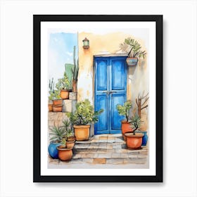 Blue Door With Potted Plants Art Print