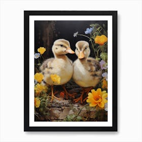 Ducklings In A Bed Of Flowers Painting 3 Art Print