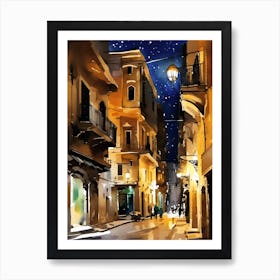 Watercolor Mediterranean Street At Night Art Print