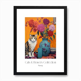 Cats & Flowers Collection Pansy Flower Vase And A Cat, A Painting In The Style Of Matisse 3 Art Print