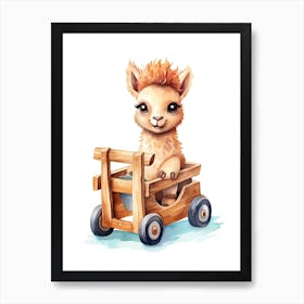 Baby Llama On A Toy Car, Watercolour Nursery 0 Art Print