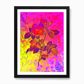 Pink Bourbon Roses Botanical in Acid Neon Pink Green and Blue Art Print
