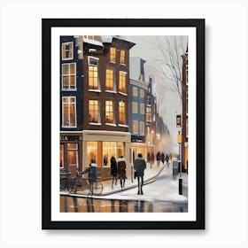 Amsterdam cafes, winter season, Christmas, autumn oil colors, pale colors, pedestrians in the street, winter clothes, falling snow.3 2 Art Print