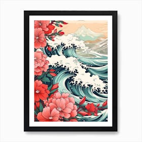 Great Wave With Rose Flower Drawing In The Style Of Ukiyo E 4 Art Print