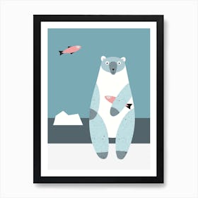 Polar bear catching fish Scandinavian style - Arctic animals Art Print