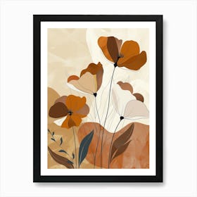 Flowers In Beige, Brown And White Tones, Using Simple Shapes In A Minimalist And Elegant 1 Art Print