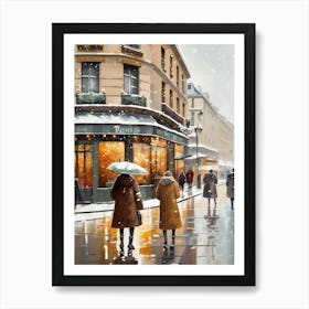 Paris cafes, winter season, Christmas, autumn oil colors, pale colors, pedestrians in the street, winter clothes, falling snow.10 1 Art Print