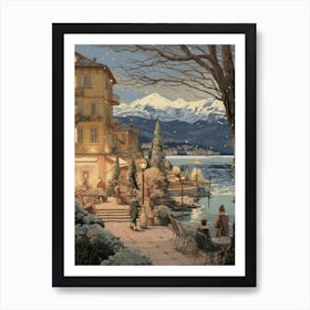 Vintage Winter Illustration Lake Como Italy 2 Art Print