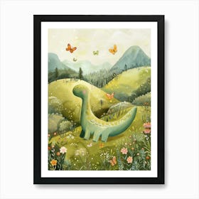 Cute Dinosaurs Playing With Butterflies Storybook Painting 1 Art Print