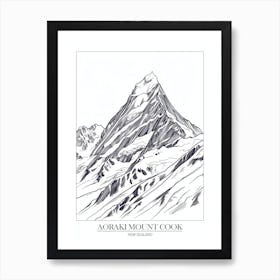 Aoraki Mount Cook New Zealand Line Drawing 3 Poster Art Print