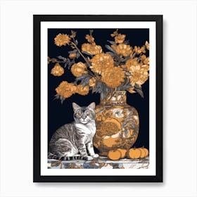 Drawing Of A Still Life Of Marigold With A Cat 3 Art Print