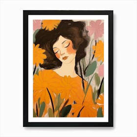 Woman With Autumnal Flowers Marigold 3 Art Print